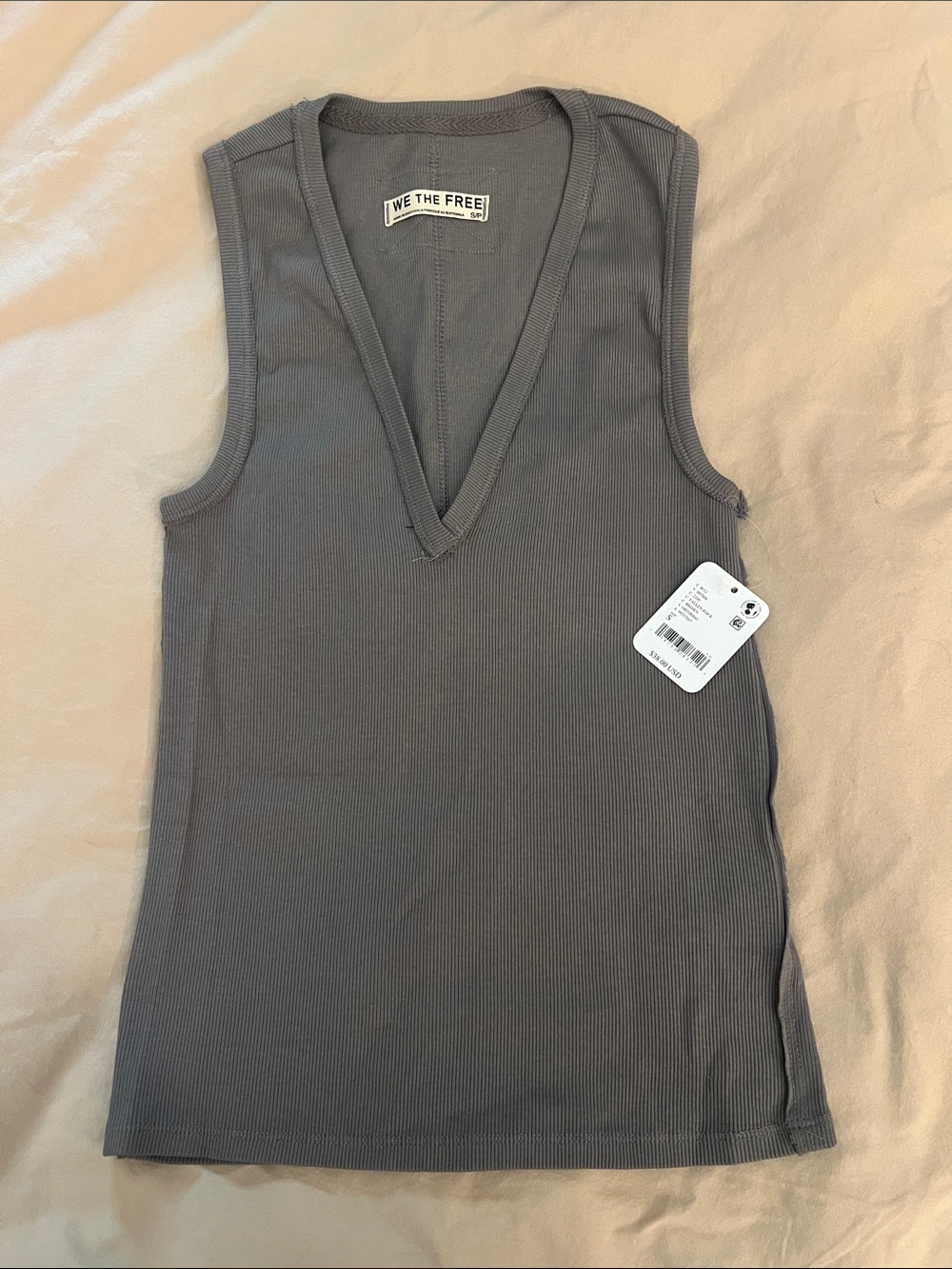 We The Free Ribbed V-Neck Sleeveless Tank Top - Charcoal Gray